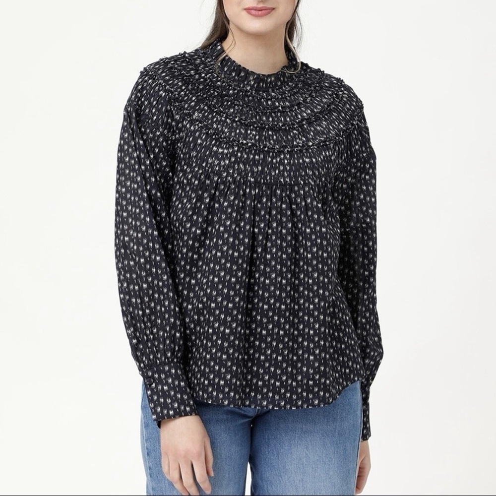 Worn 1x Rebecca Taylor fleur & black dot ikat smocked mock neck long sleeve top